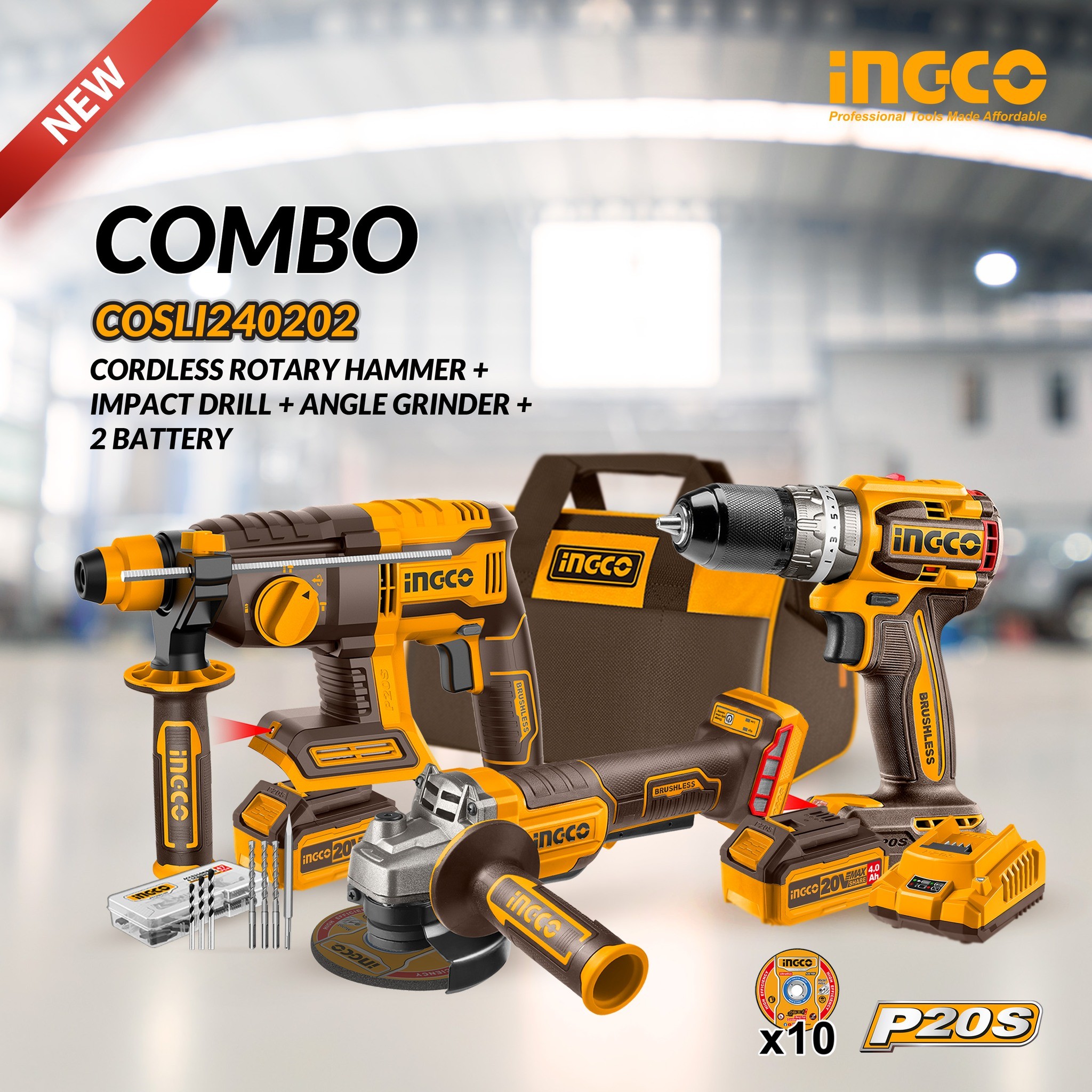 INGCO PACK COMBO 20V BRUSHLESS 3 MACHINES COSLI240202